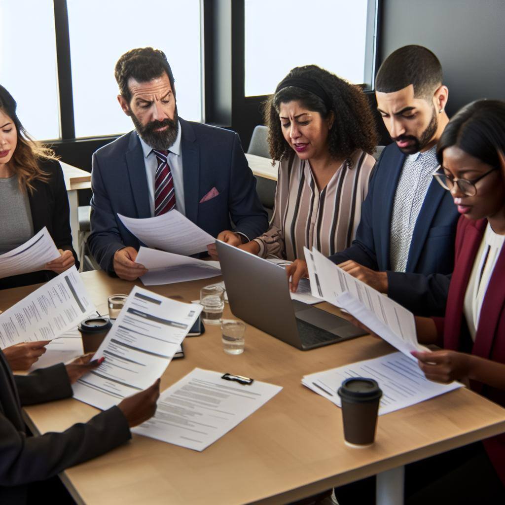 A group of diverse professionals gathered around a table, reviewing resumes and discussing potential candidates. The room is filled with papers, laptops, and coffee cups. The atmosphere is focused and productive.